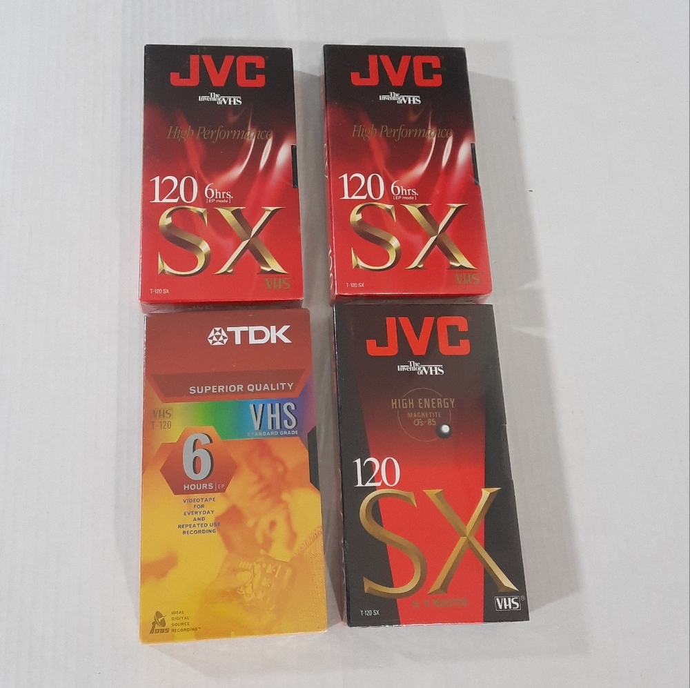 Lot of 4 VHS Tapes JVC SX and TDK All 6 Hour Tapes Brand New Factory Sealed